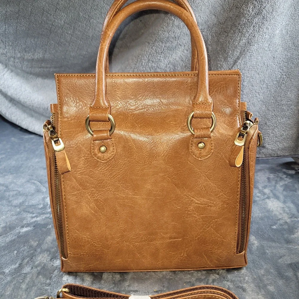 Cobbler Legend Tan Leather Satchel Crossbody Bag‎ Expandable Work Tote Brown